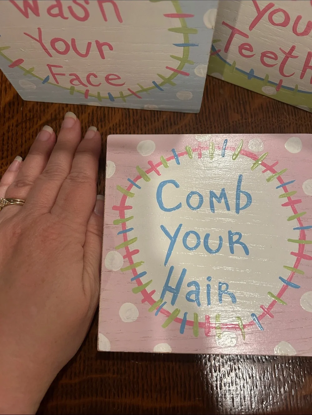 Set of 3 Pastel Bathroom Reminder Wall Signs - Comb Hair, Brush Teeth, Wash Face